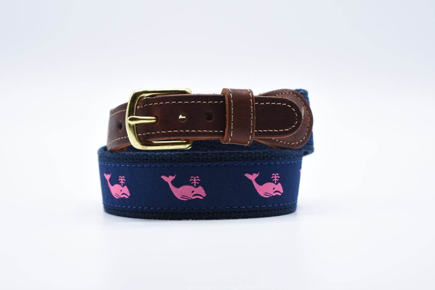 Pink Whale on Navy Leather Tab Belt - Classic Children's Belt
