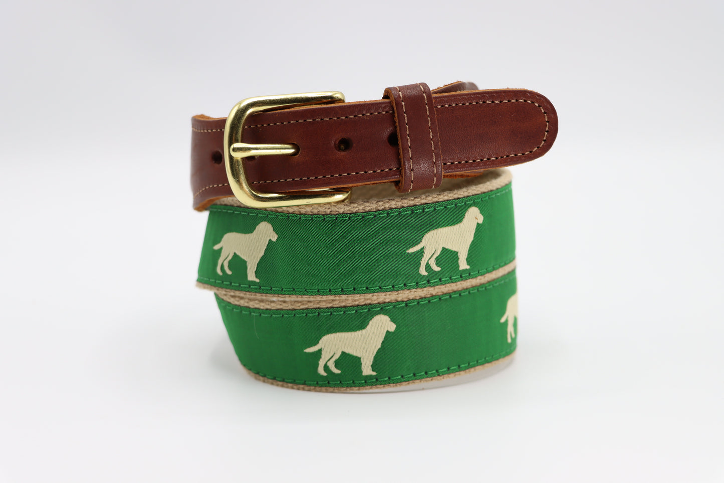 Yellow Dog on Green Leather Tab Belt - Classic Children's Belt