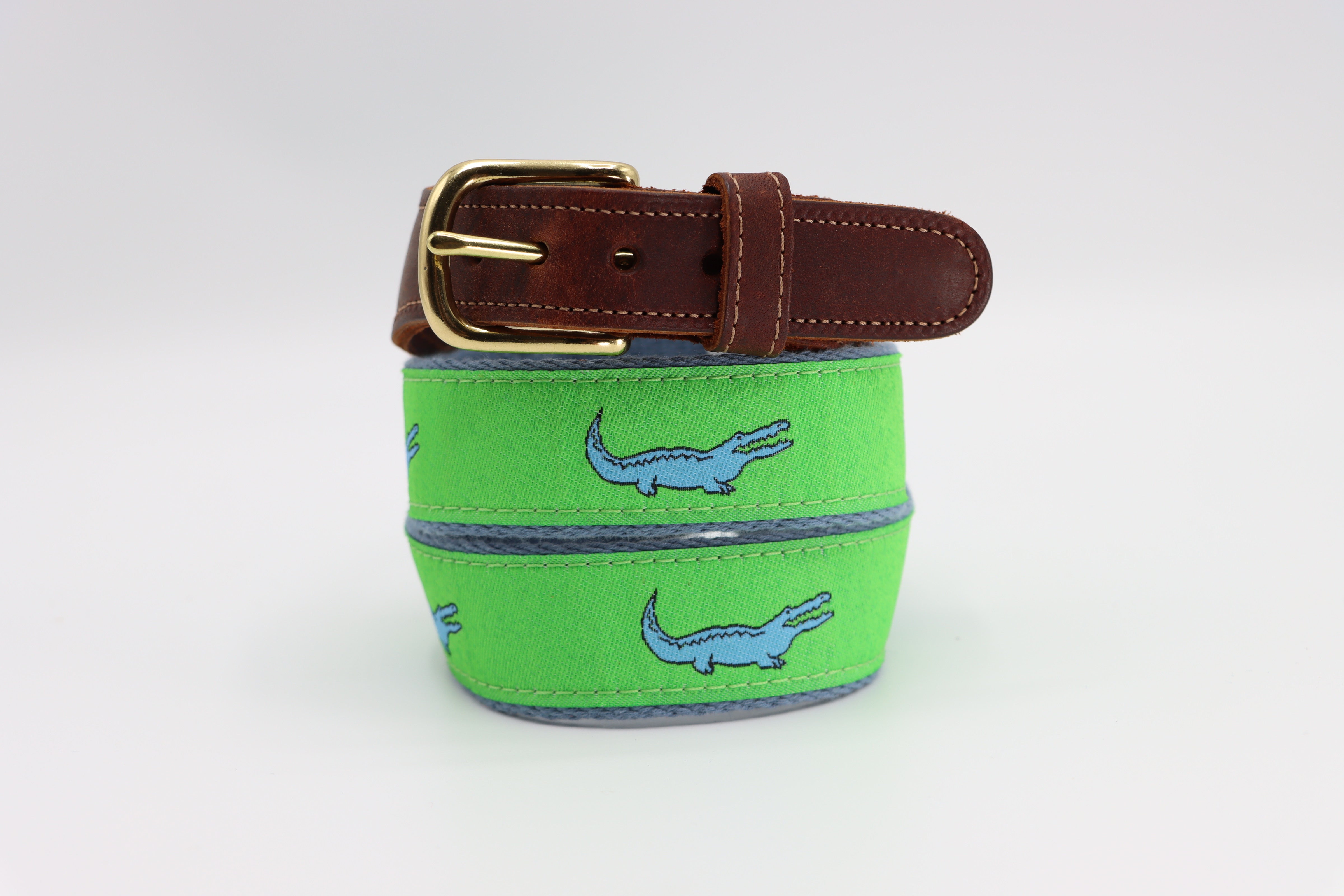 Alligator Blue on Green Leather Tab Belt Classic Children s Belt shoppreston