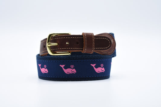Pink Whale on Navy Leather Tab - Classic Men's Belt