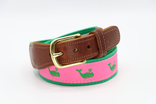 Green Whale on Pink Leather Tab - Classic Men's Belt