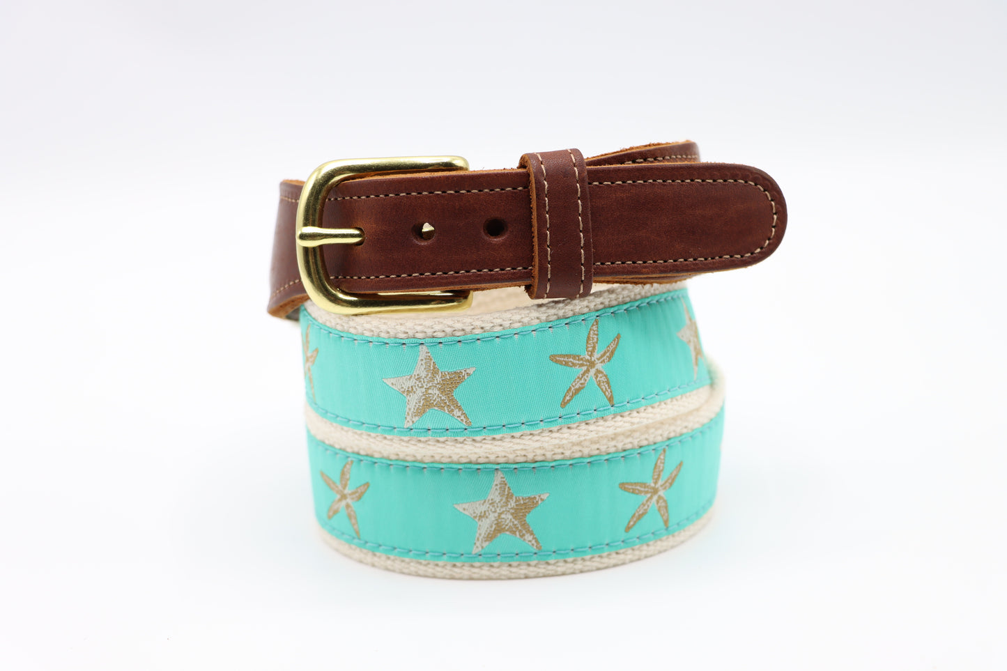 Starfish on Aqua Leather Tab Belt - Classic Men's Belt