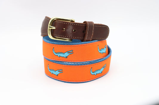 Alligator Blue on Orange Leather Tab Belt - Classic Children's Belt