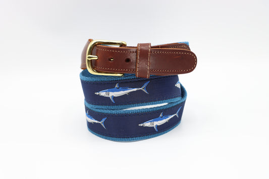 Mako Shark on Navy Leather Tab Belt - Classic Men's Belt