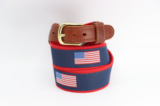 American Flag on Red Leather Tab Belt - Classic Children's Belt