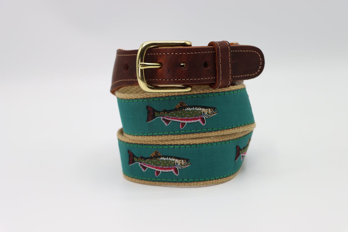 Brook Trout on Teal Leather Tab Belt - Classic Men's Belt