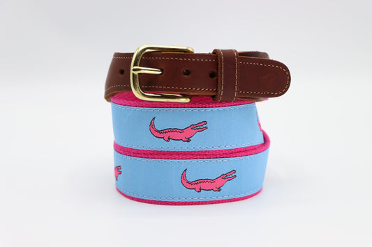 Alligator Pink on Blue Leather Tab Belt - Classic Children's Belt