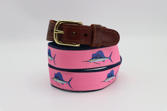 Sailfish on Pink Leather Tab Belt - Classic Men's Belt