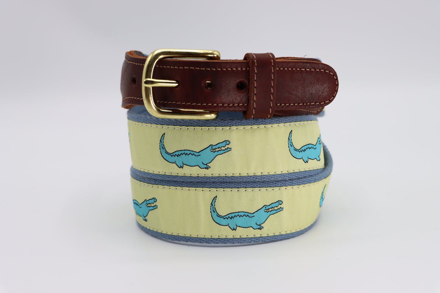Alligator Blue on Yellow Leather Tab Belt - Classic Men's Belt