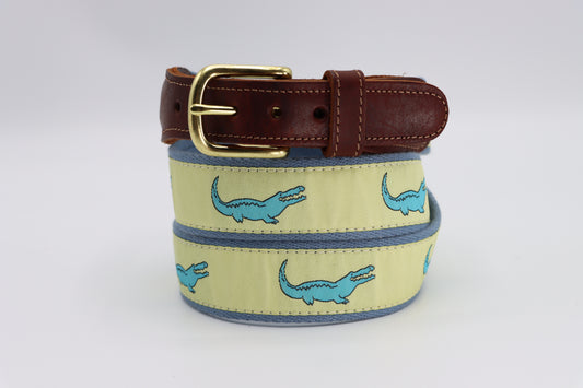 Alligator Blue on Yellow Leather Tab Belt - Classic Men's Belt