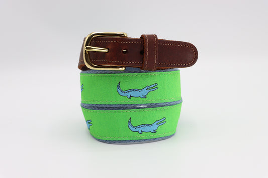 Alligator Blue on Green Leather Tab Belt - Classic Children's Belt