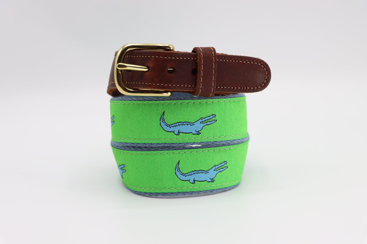 Alligator Blue on Green Leather Tab Belt - Classic Men's Belt