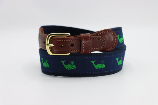 Whale Green on Navy Leather Tab Belt - Classic Children's Belt