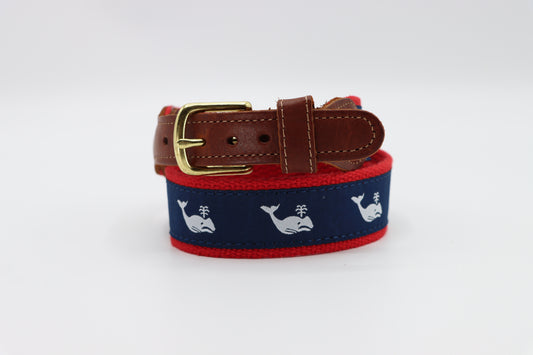 Whale on Navy Leather Tab Belt - Classic Men's Belt