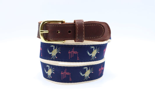 Men's Crab on Navy Leather Tab Belt - Guy Harvey Belt