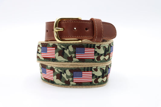 American Flag on Camo Leather Tab Belt - Classic Men's Belt