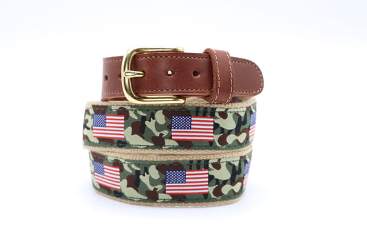 American Flag on Camo Leather Tab Belt - Classic Children's Belt